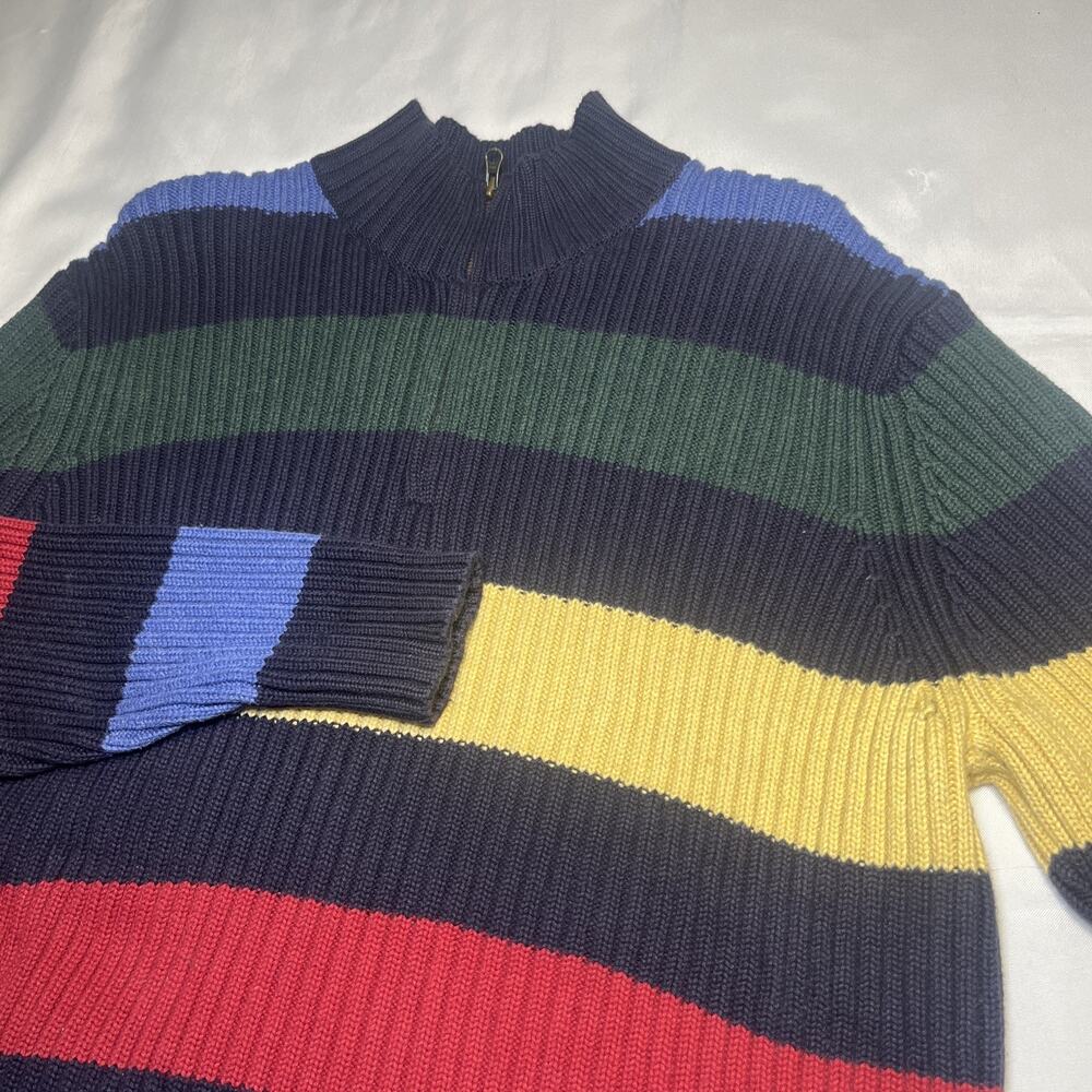Vintage Lands End Sweater Mens 1/4 Zip Striped Ribbed Japan Size XL Blue Cotton